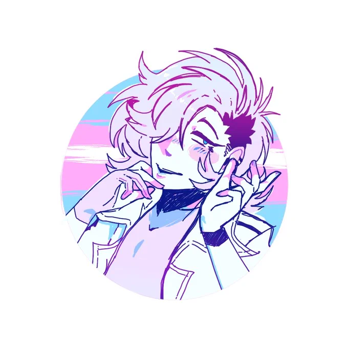 An OC sketch of my character yhat I also use to represent myself on streams. He has a hand on his chin with one in the air. In the back is a circle with the transflag colors 