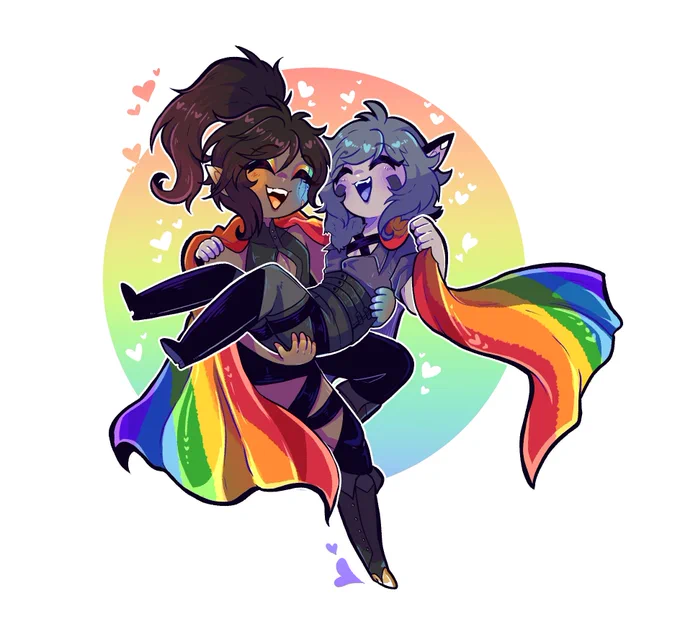 A digital illustration of my two OCs, Cipher and Nortex. Cipher is carrying Nortex bridal style wkth a rainbow flag over his shoulders.