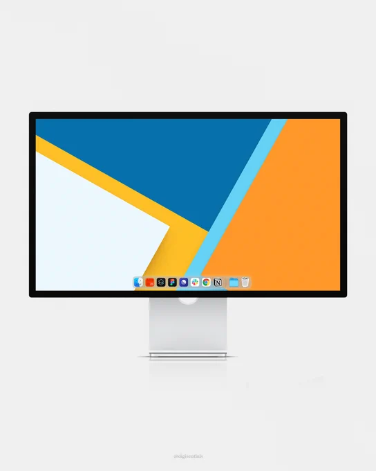 Minimal desktop wallpaper featuring layered geometric paper-cut shapes in blue, orange, yellow, and light grey tones, displayed on a modern monitor mockup against a clean light grey background.