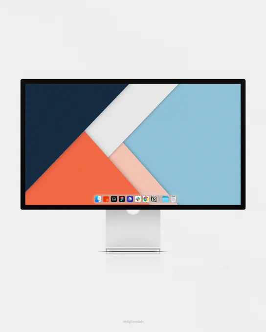 Minimal abstract desktop wallpaper with overlapping diagonal geometric panels in navy, coral, light blue, soft pink, and off-white, showcased on a modern monitor mockup.