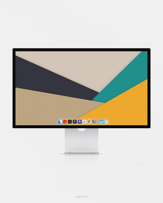 Minimal geometric desktop wallpaper featuring intersecting angular shapes in beige, teal, mustard yellow, and dark charcoal, displayed on a clean monitor mockup with subtle depth and shadows.