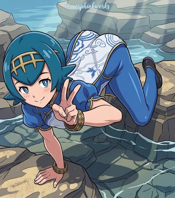 Vibrant anime illustration of Pokémon’s Lana cosplaying as Chun-Li, lying playfully on sunlit rocky cliffs by the ocean. She has teal hair with a golden spiked headband, blue eyes, and wears a blue qipao-style outfit with white cloud patterns and gold trim. Smiling at the viewer, she makes a peace sign with one hand while the other rests on the rock. Bright daylight, clear blue water, and rocky background. @morphinkworks