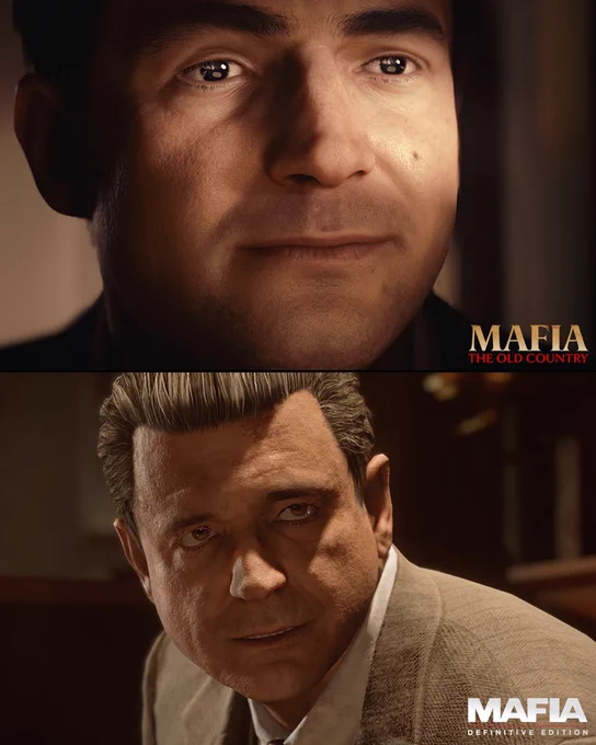 An image of a young Don Salieri in Mafia: The Old Country’s MAN OF HONOR expansion pack. Below the image is a picture of him in Mafia: Definitive Edition