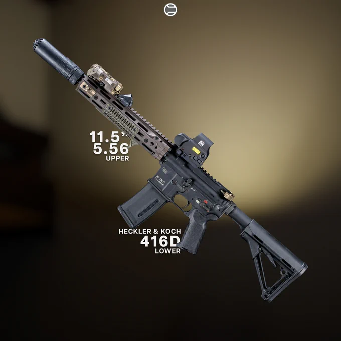 RailScales Karve-P Polymer M-LOK Handstop, HTP Scales in MLOK (MiniDot, OD Green, 2.5-Slot), QDX Sling Mount, HardTrack Rail (Picatinny MLOK Rail Section), CSMR Mag Button | Heckler & Koch 416 Post Sample MG Lower, HUXWRX Flow 556k L Suppressor on HUXWRX Flash Hider-QD 5.56, Daniel Defense 10.5 RISIII Rail & 11.5" 5.56 Barrel, L3Harris NGAL-A1 Laser, Surefire M600V Scout Light IR Weaponlight w/ Unity Tactical AXON SL Switch, Magpul 30rd Double Window EMAG, MOE-K2 Grip, and CTR Stock, EOTech EXPS3-0 HWS, Geissele URG-I ACH in DDC. 