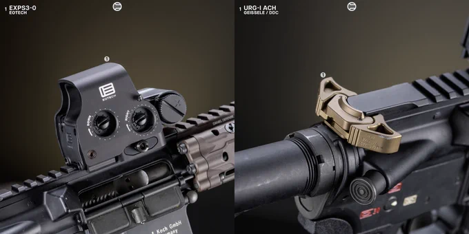 RailScales Karve-P Polymer M-LOK Handstop, HTP Scales in MLOK (MiniDot, OD Green, 2.5-Slot), QDX Sling Mount, HardTrack Rail (Picatinny MLOK Rail Section), CSMR Mag Button | Heckler & Koch 416 Post Sample MG Lower, HUXWRX Flow 556k L Suppressor on HUXWRX Flash Hider-QD 5.56, Daniel Defense 10.5 RISIII Rail & 11.5" 5.56 Barrel, L3Harris NGAL-A1 Laser, Surefire M600V Scout Light IR Weaponlight w/ Unity Tactical AXON SL Switch, Magpul 30rd Double Window EMAG, MOE-K2 Grip, and CTR Stock, EOTech EXPS3-0 HWS, Geissele URG-I ACH in DDC. 