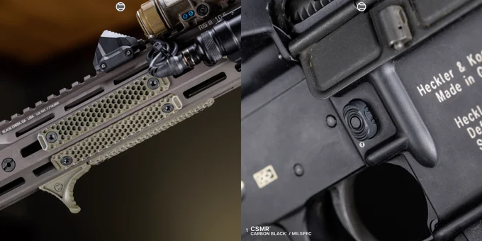 RailScales Karve-P Polymer M-LOK Handstop, HTP Scales in MLOK (MiniDot, OD Green, 2.5-Slot), QDX Sling Mount, HardTrack Rail (Picatinny MLOK Rail Section), CSMR Mag Button | Heckler & Koch 416 Post Sample MG Lower, HUXWRX Flow 556k L Suppressor on HUXWRX Flash Hider-QD 5.56, Daniel Defense 10.5 RISIII Rail & 11.5" 5.56 Barrel, L3Harris NGAL-A1 Laser, Surefire M600V Scout Light IR Weaponlight w/ Unity Tactical AXON SL Switch, Magpul 30rd Double Window EMAG, MOE-K2 Grip, and CTR Stock, EOTech EXPS3-0 HWS, Geissele URG-I ACH in DDC. 