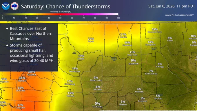Map showing the chances for thunderstorms on June 6th, 2026