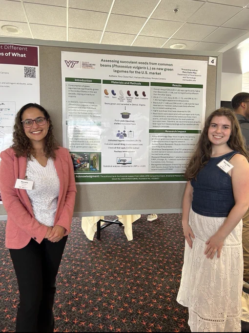 Dr. Renata Carneiro (left) and undergraduate student Mary Claire Mea (right) with Mary's research poster, titled “Assessing succulent seeds from common beans (Phaseolus vulgaris L.) as new green legumes for the U.S. market." 