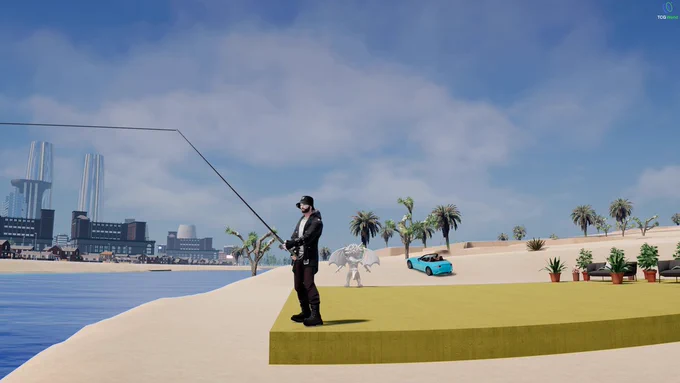 TCG World gameplay screenshot showing a player fishing by the river,  vehicles, and city buildings in the distance.