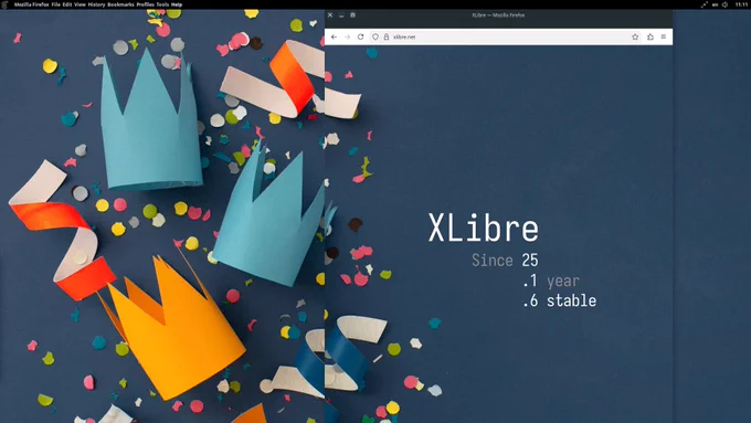 A screenshot showing the XLibre website celebrating its first anniversary and a festive background with confetti and party accessories.