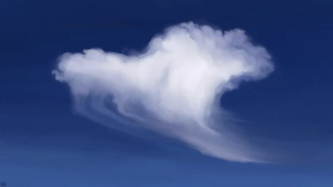 Digital painting of a white cloud in a bright blue sky. There is a long, translucent trail attached to the cloud, veering sideways as though swept by the wind instead of falling straight down.