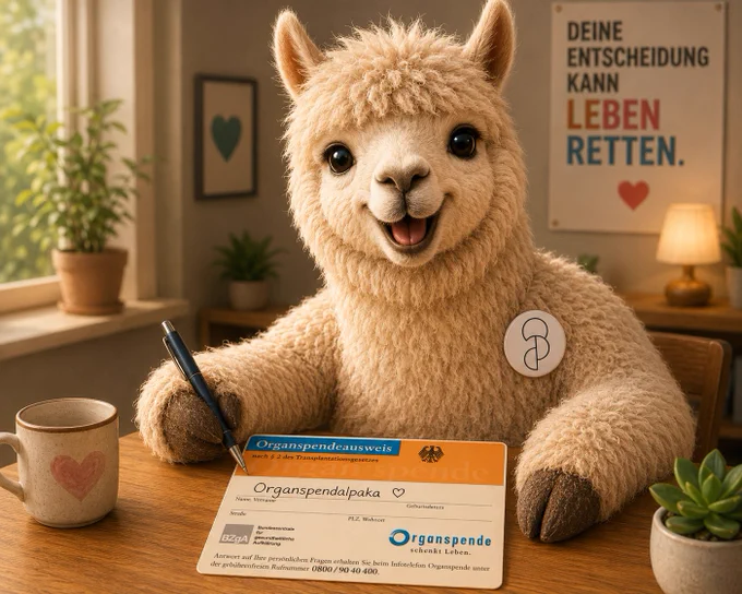 Ein fröhliches, flauschiges Alpaka sitzt an einem Holztisch in einem gemütlich beleuchteten Zimmer und füllt gut gelaunt einen Organspendeausweis aus. Mit einem Stift in der Hufspitze schaut es direkt in die Kamera und lächelt freundlich. Auf seiner Brust trägt es einen runden Button mit dem Organspende-Symbol als schlichte Liniengrafik. Vor ihm liegt ein klassischer Organspendeausweis, auf dem in großer Handschrift „Organspendalpaka“ eingetragen ist. Auf dem Tisch stehen eine Tasse mit Herzmotiv und ein kleiner Blumentopf. Im Hintergrund sorgen Zimmerpflanzen, eine Lampe und ein Plakat mit der Aufschrift „Deine Entscheidung kann Leben retten“ für eine warme, positive Atmosphäre. Das Bild verbindet das Thema Organspende mit Humor und Herzlichkeit.