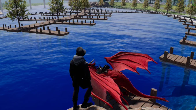 TCG World gameplay screenshot showing a player standing beside a dragon near the water, surrounded by docks and an open world environment.