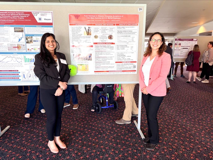 Ph.D. candidate Madhvi Singh (left) and Dr. Renata Carneiro (right) with Madhvi's research poster, titled “From Genotype to Grocery: Consumer Acceptance of Faba Bean Hummus for U.S. Market Expansion."