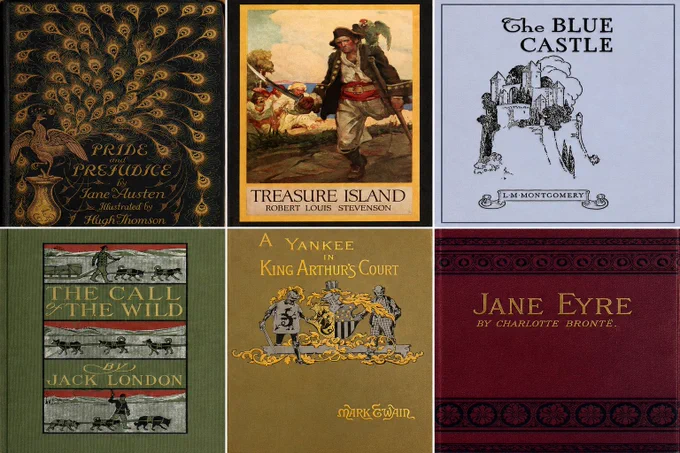 Book covers of Pride and Prejudice, Treasure Island, The Blue Castle, The Call of the Wild, A Connecticut Yankee in King Arthur's Court, and Jane Eyre