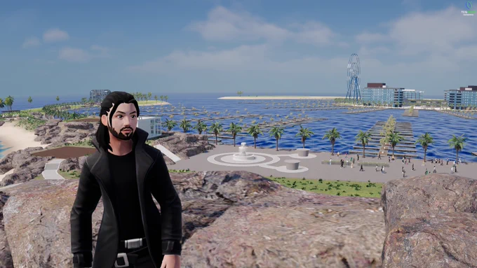 TCG World gameplay screenshot showing a player overlooking a coastal city with a marina, modern buildings, palm trees, and an open world environment.