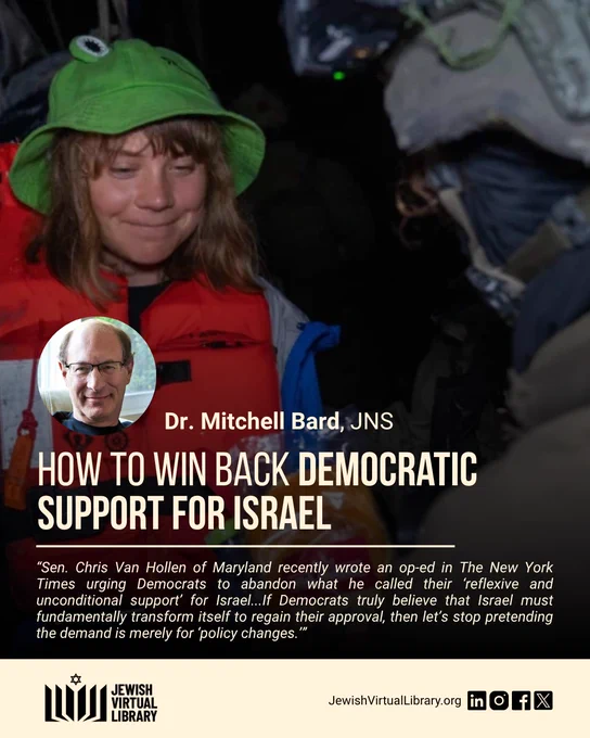 A photo of activist Greta Thunberg. Text reads "How to Win Back Democratic Support for Israel" with a blurb below it. Dr. Mitchell Bard's name and headshot are included as author.