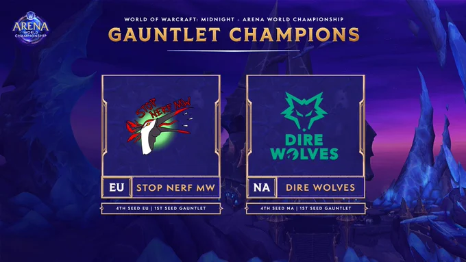 An image showcasing the two champions of the AWC Gauntlet, including the winner of each region:
- Europe: Stop Nerf MW
- North America: Dire Wolves