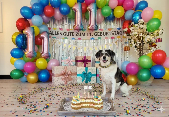 Eine mittelgroße Beagle-Mix-Hündin sitzt neben einer Geburtstagstorte in Knochenform mit der Ziffer 11 darauf, im Hintergrund verpackte Geschenke, viele bunte Luftballons und ein Banner auf dem steht "Alles Gute zum 11. Geburtstag"