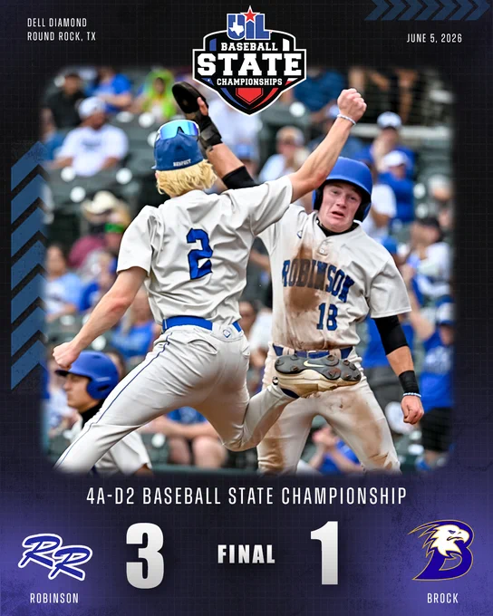 Final Score Graphic: Dell Diamond – Round Rock, TX – June 5, 2026. UIL Baseball State Championships Logo. 4A-D2 Baseball State Championship: Robinson 3, Brock 1.