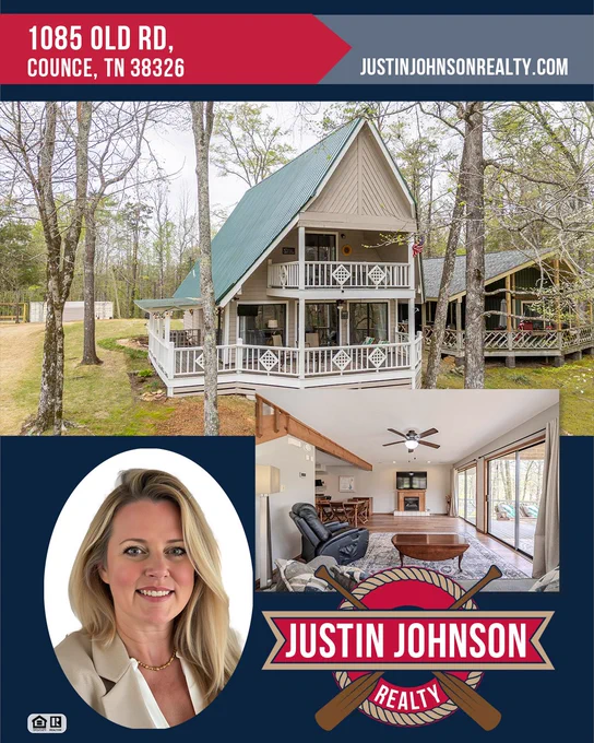 Real estate advertisement featuring a cozy cabin with a unique A-frame design, nestled in a wooded area, alongside a professional portrait of a realtor. The mood is inviting and professional.