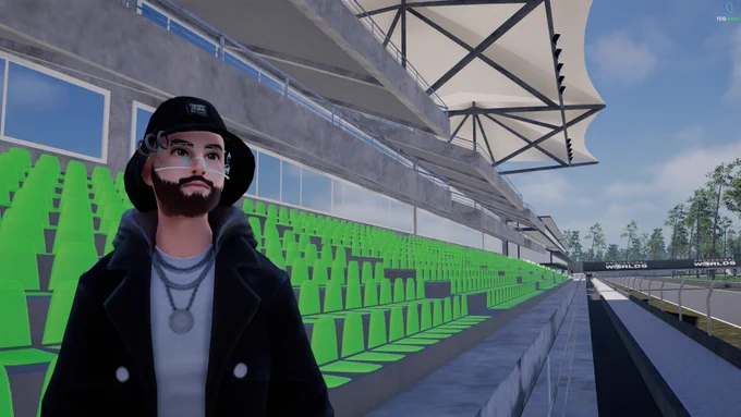 TCG World gameplay screenshot showing a player inside a large racing stadium with grandstands, track areas, and an open world environment.