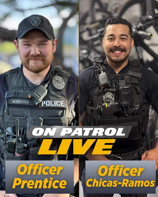 This image shows two officers from "On Patrol Live." Both are smiling and wearing police uniforms. The left side features Officer Prentice with a blurred outdoor background, and the right side features Officer Chicas-Ramos with bicycles in the background.