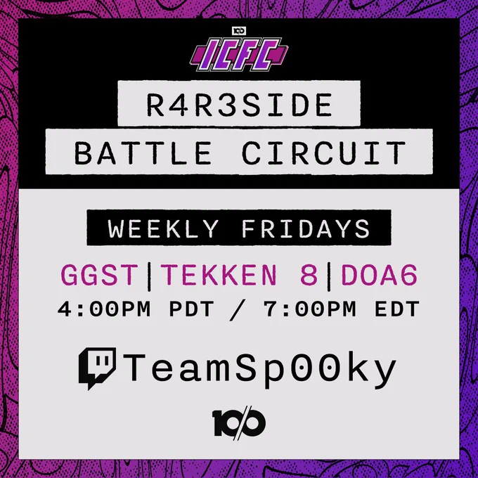 A graphic indicating that the R4R3side Battle Circuit weekly will be live at 4:00 PM PT / 7:00 PM ET featuring Guilty Gear Strive, TEKKEN 8, and Dead or Alive 6.
