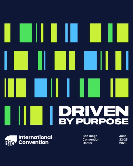 Promotional graphic for the BIO International Convention 2026. The image features a dark blue background with a pattern of green, yellow, and blue vertical bars arranged in rows. Large white text reads “Driven by Purpose.” At the bottom, the BIO International Convention logo appears alongside event details: “San Diego Convention Center” and “June 22–25, 2026.” The graphic is being shared by Lipodystrophy United to announce attendance at BIO 2026 and interest in connecting with researchers, biotechnology companies, patient advocacy organizations, and other stakeholders in the rare disease community.
