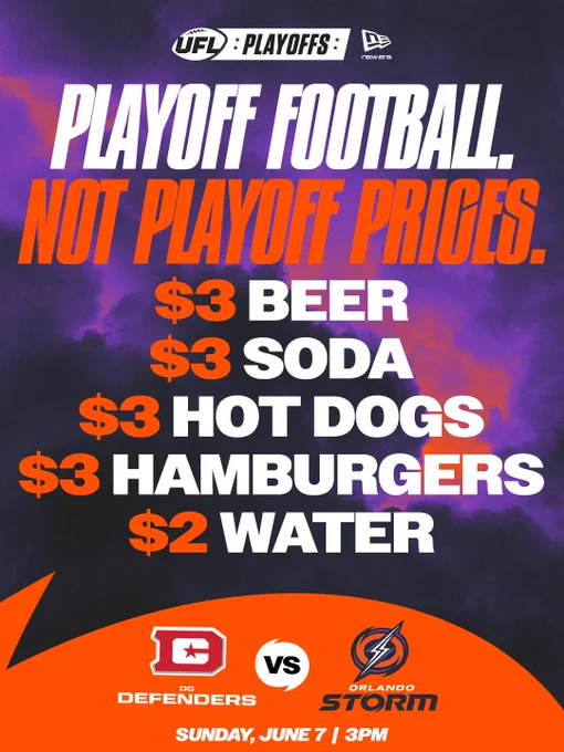 Promotional image for UFL playoffs featuring affordable food and drink prices. Includes team match-up between DC Defenders and Orlando Storm.