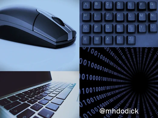 Collage image in a blue hue of four computer-related technologies: Clockwise from top left: a mouse, a keyboard in alphabetical order, zeroes and ones of a digital stream and an open laptop keyboard. In the lower right corner: @mhdodick