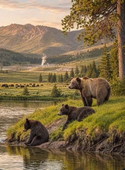 A grizzly bear and two cubs rest along a riverbank in Yellowstone National Park while bison graze in the distance beneath mountain peaks and a steaming geyser.
