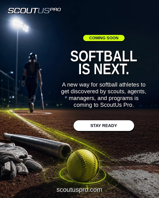 Announcement for ScoutUs Pro's new softball scouting platform. A softball field under stadium lights with a player, bat, gloves, and a highlighted ball, creating an anticipatory and focused mood.