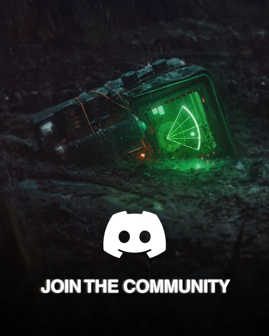 A motion tracker device with a green radar and a bright dot on its screen, in the mud. The Discord logo, join the community.