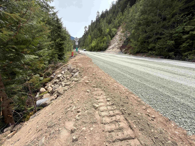 A recently repaired gravel roadbed section along a remote section of State Route 20/North Cascades Highway.
