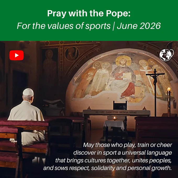 Pope Leo XIV sits alone in prayer in a small chapel, facing an altar and a large mural of Christ surrounded by saints. A crucifix stands beside the altar as warm light illuminates the sacred space. A green banner at the top reads, “Pray with the Pope: For the values of sports | June 2026.” Overlaid text quotes part of the Pope's prayer intention: “May those who play, train or cheer discover in sport a universal language that brings cultures together, unites peoples, and sows respect, solidarity and personal growth.” A YouTube play icon appears on the left side of the image and the icon for the Pope’s Worldwide Prayer Network appears on the right side.