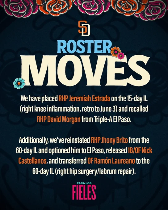 Roster Moves: We have placed RHP Jeremiah Estrada on the 15-day IL (right knee inflammation, retro to June 3) and recalled RHP David Morgan from Triple-A El Paso. 

Additionally, we’ve reinstated RHP Jhony Brito from the 60-day IL and optioned him to El Paso, released 1B/OF Nick Castellanos, and transferred OF Ramon Laureano to the 60-day IL (right hip surgery/labrum repair). 

The background is obsidian with an overlay of La Catrina. The top features a colorful rose border. 