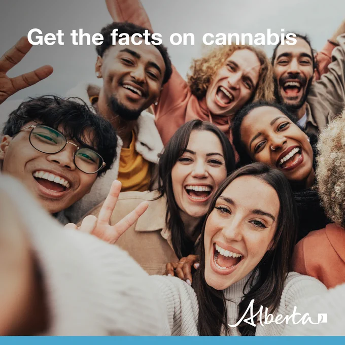 Group of young adults take a selffie together. Text reads Get the facts on cannabis. Alberta logo in bottom right. 
