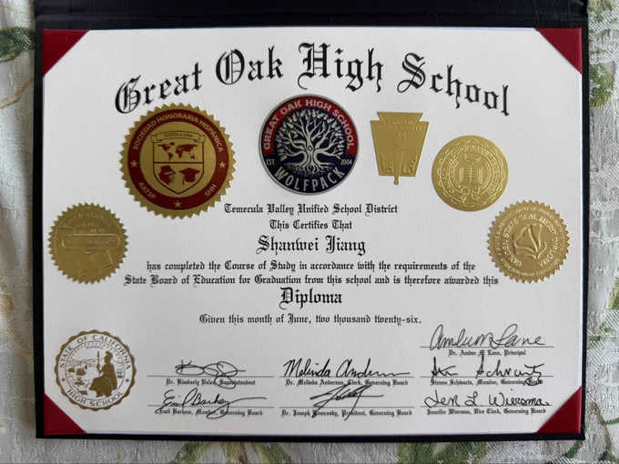 Great Oak High School
Temecula Valley Unified School District
This Certifies That
Shanwei Jiang
…awarded this
Diploma

[a bunch of signatures]
[many honors surrounding body text]