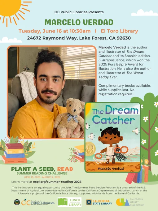 Graphic promoting Summer Reading/Lunch at the Library author talk at OC Public Libraries branch, El Toro Library. Marcelo Verdad on Tuesday, June 16 at 10:30 am. More information listed in post caption.