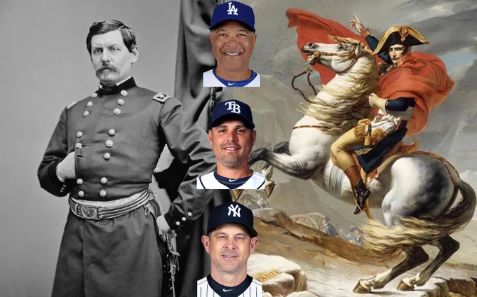 Thumbnail combining famous military imagery with three baseball managers. On the left is a black-and-white portrait of General McClellan in uniform. On the right is the iconic painting of Napoleon Bonaparte crossing the Alps on horseback. Centered between the two historical figures are cutout headshots of three MLB managers stacked vertically: a Los Angeles Dodgers manager at the top, a Tampa Bay Rays manager in the middle, and a New York Yankees manager at the bottom. The graphic visually compares baseball managers to notable military commanders and strategists from history.