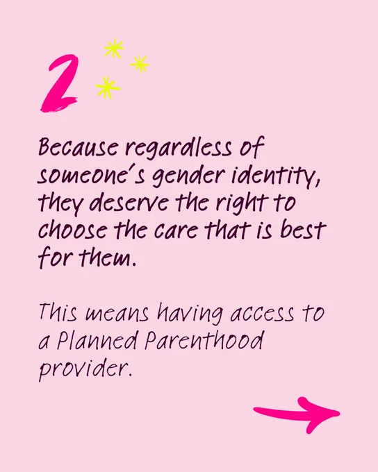 Text on a pink background: "2. Because regardless of someone's gender identity, they deserve the right to choose the care that is best for them. This means having access to a Planned Parenthood provider." Red arrow at the bottom right.