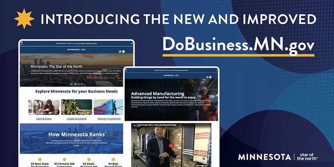 Introducing DoBusiness.MN.gov website. The image displays a preview of the website's homepage with sections on business needs, advanced manufacturing, and Minnesota's rankings. The background has a blue geometric design.