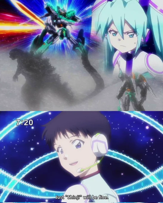 Images from the Mecha film Shinkansen Henkei Robo Shinkalion THE ANIMATION: The Mythically Fast ALFA-X, featuring Shinji Ikari, Hatsune Miku, and Godzilla