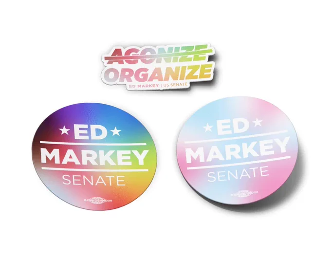 Ed Markey for Senate Stickers with rainbow and trans flag gradients
