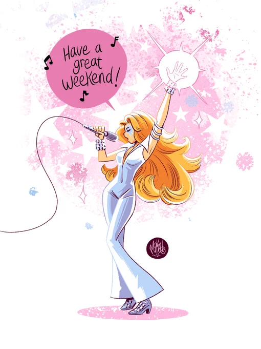 Dazzler (of the X-Men), mic in hand and fashioned up in her classic disco outfit, would like to wish you all a BRIGHT and WONDERFUL weekend! Encore!