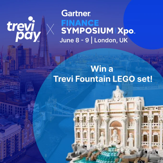 Skyline of London featuring the Shard in the background. Text reads "Gartner Finance Symposium Xpo™ June 8 - 9 | London, UK" with TreviPay logo. Overlay image of a Trevi Fountain LEGO set and text "Win a Treri Fountain LEGO set!