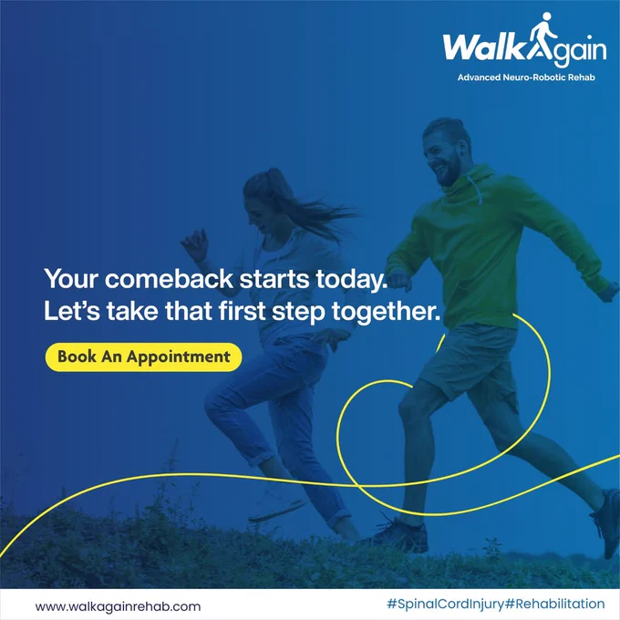 "WalkAgain Advanced Neuro-Robotic Rehab promotional banner showing two people running outdoors with the message 'Your comeback starts today.' Focused on spinal cord injury rehabilitation, recovery, mobility, and regaining independence."
