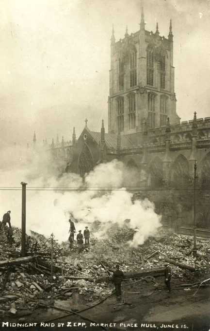 Photograph showing damage caused by a Zeppelin raid on Market Place in Hull on 6 June 1915. CC BY-NC-SA 3.0