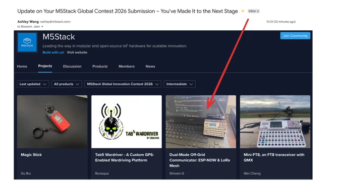 My Dual-Mode Off-Grid Communicator just advanced to the next stage of the @M5Stack Global Contest 2026! 🚀
#M5Stack #IoT